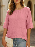 Round Neck Cotton Linen Short Sleeve Shirt_CWTBLL02279