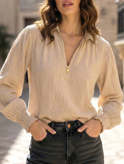 Pullover Zip Cotton Linen Loose Collar Shirt_CWTBLL02282