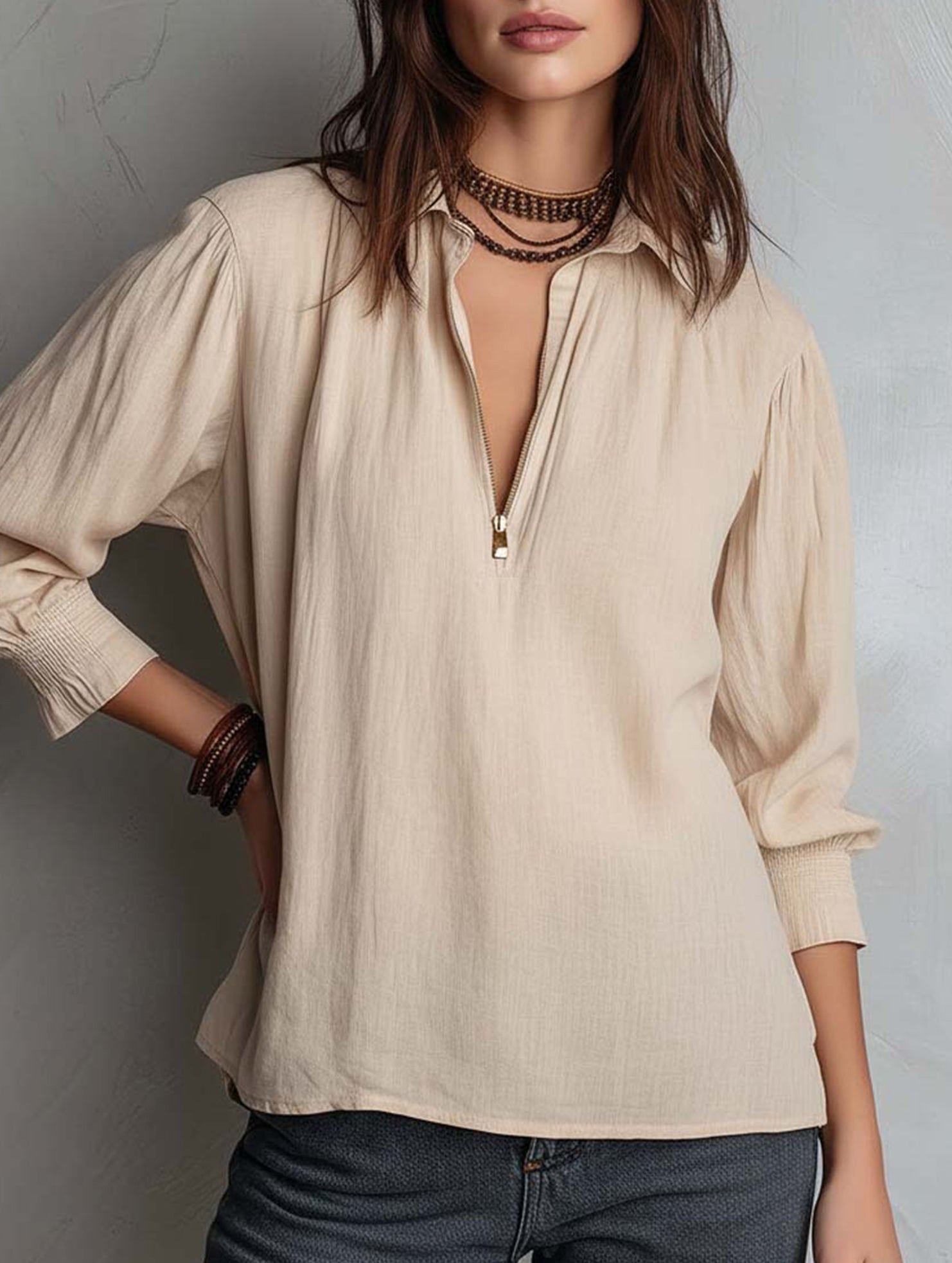 Pullover Zip Cotton Linen Loose Collar Shirt_CWTBLL02282