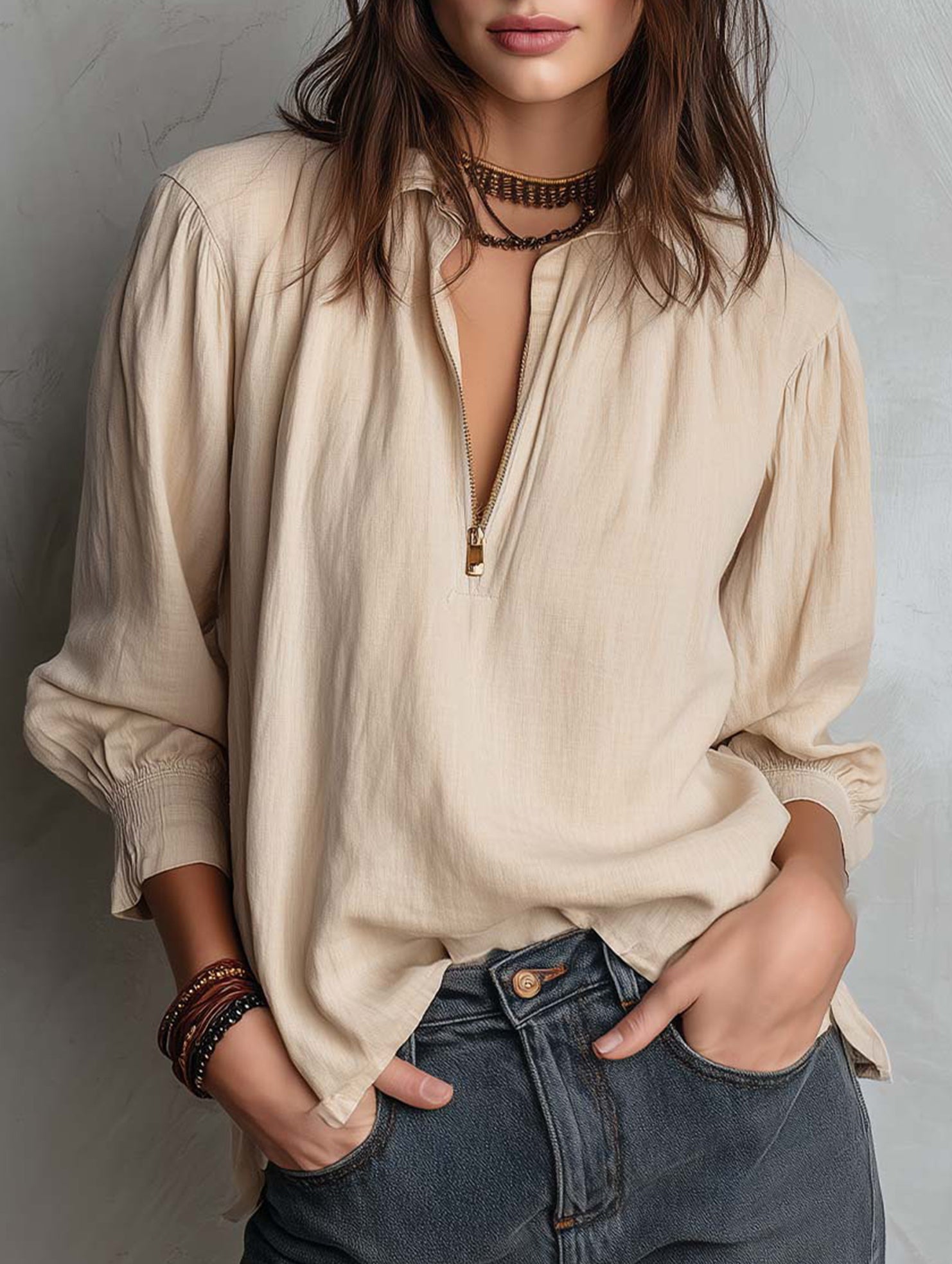 Pullover Zip Cotton Linen Loose Collar Shirt_CWTBLL02282