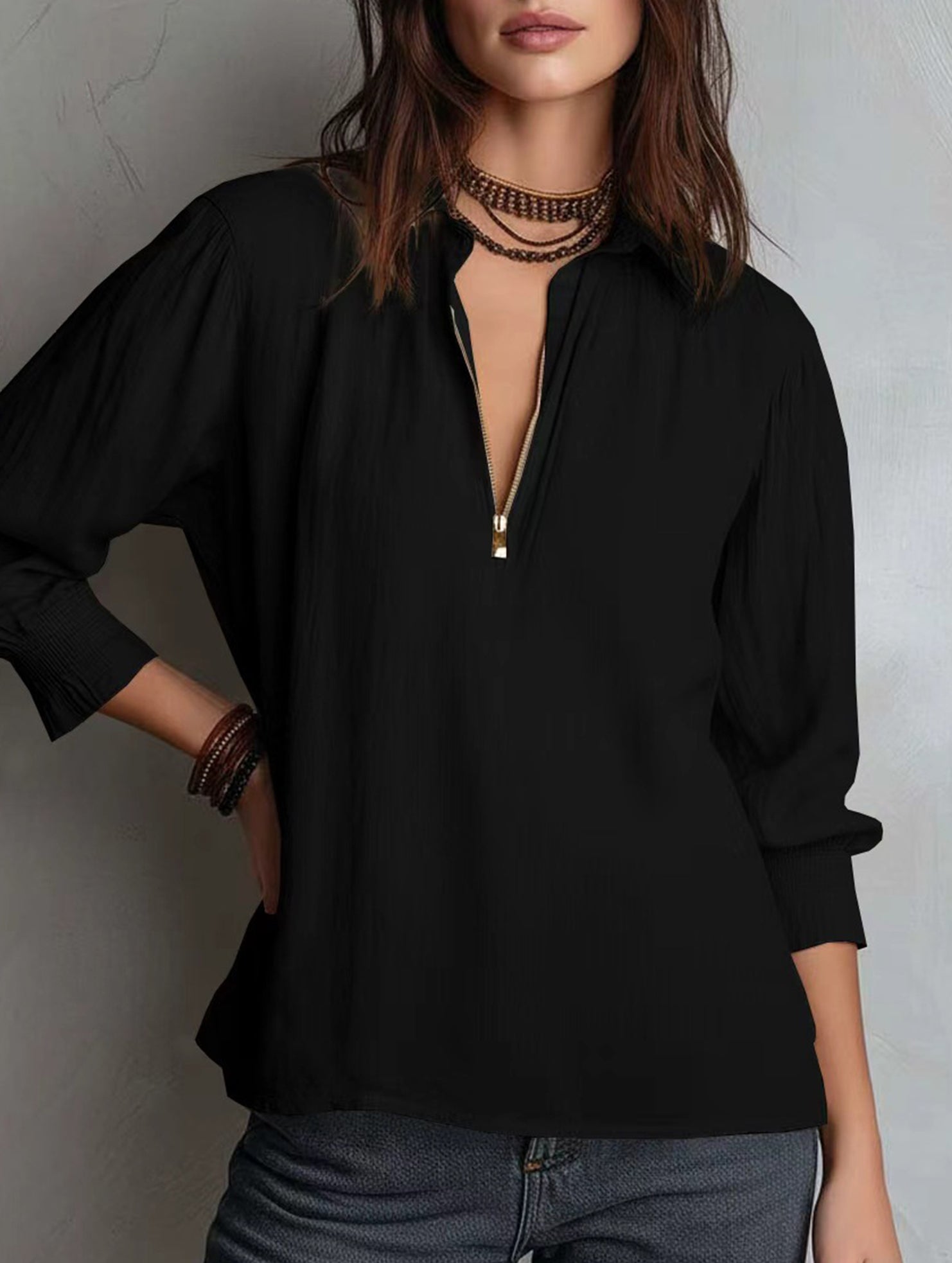 Pullover Zip Cotton Linen Loose Collar Shirt_CWTBLL02282
