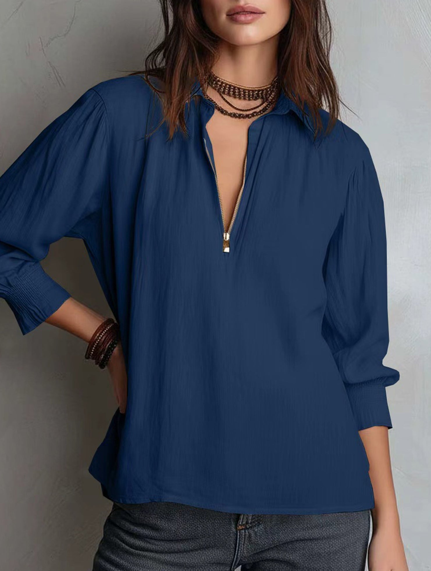 Pullover Zip Cotton Linen Loose Collar Shirt_CWTBLL02282