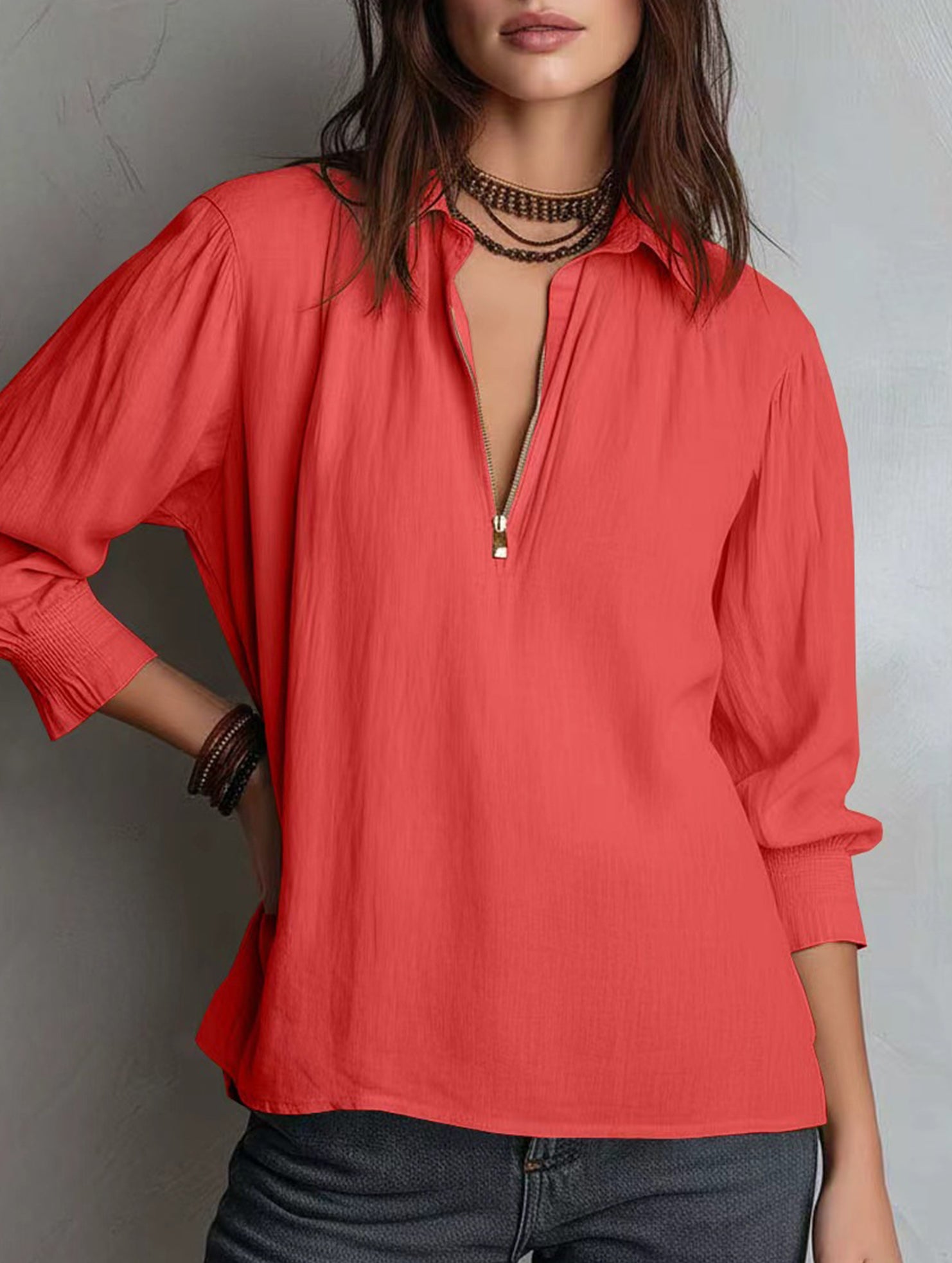 Pullover Zip Cotton Linen Loose Collar Shirt_CWTBLL02282