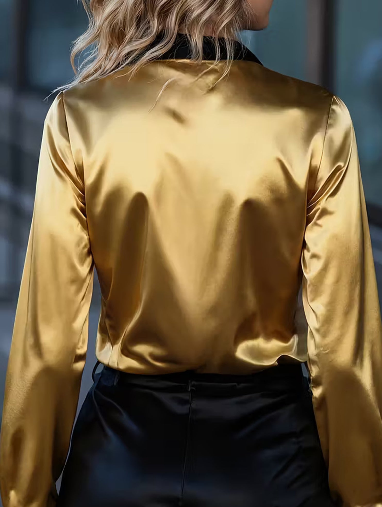 Women's satin color-blocked long-sleeved shirt