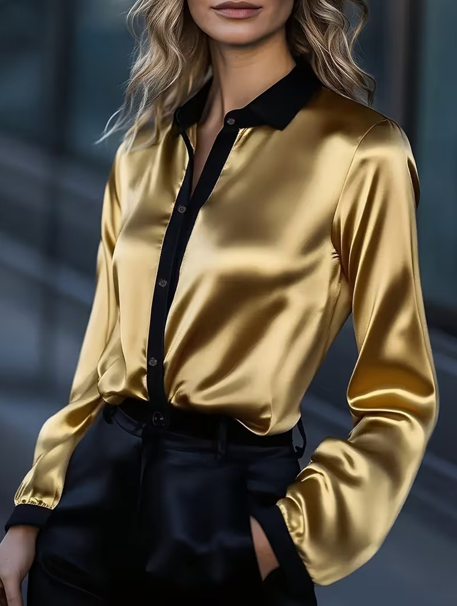 Women's satin color-blocked long-sleeved shirt
