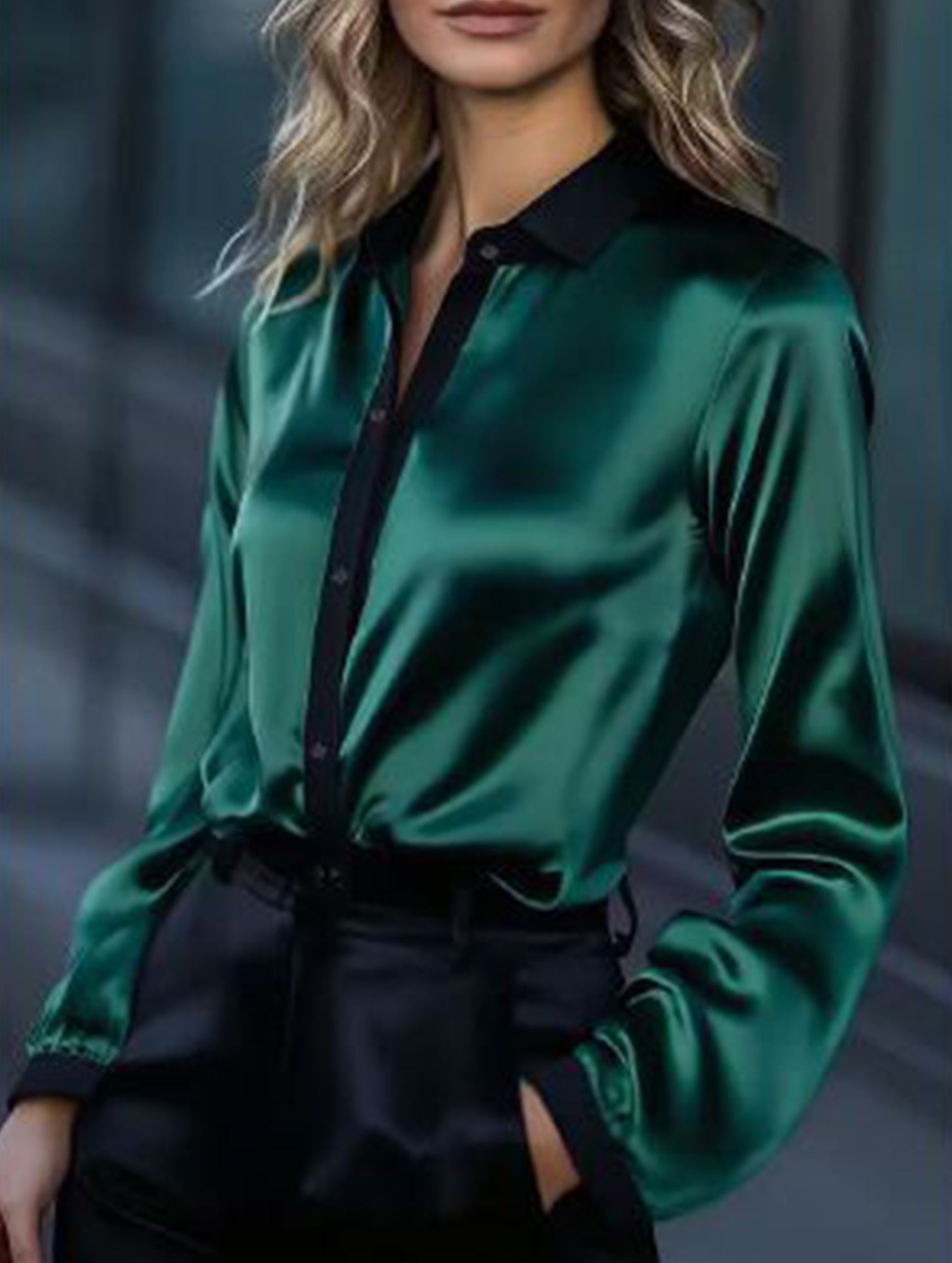 Women's satin color-blocked long-sleeved shirt