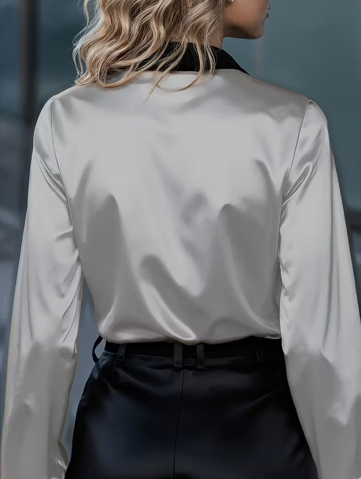 Women's satin color-blocked long-sleeved shirt