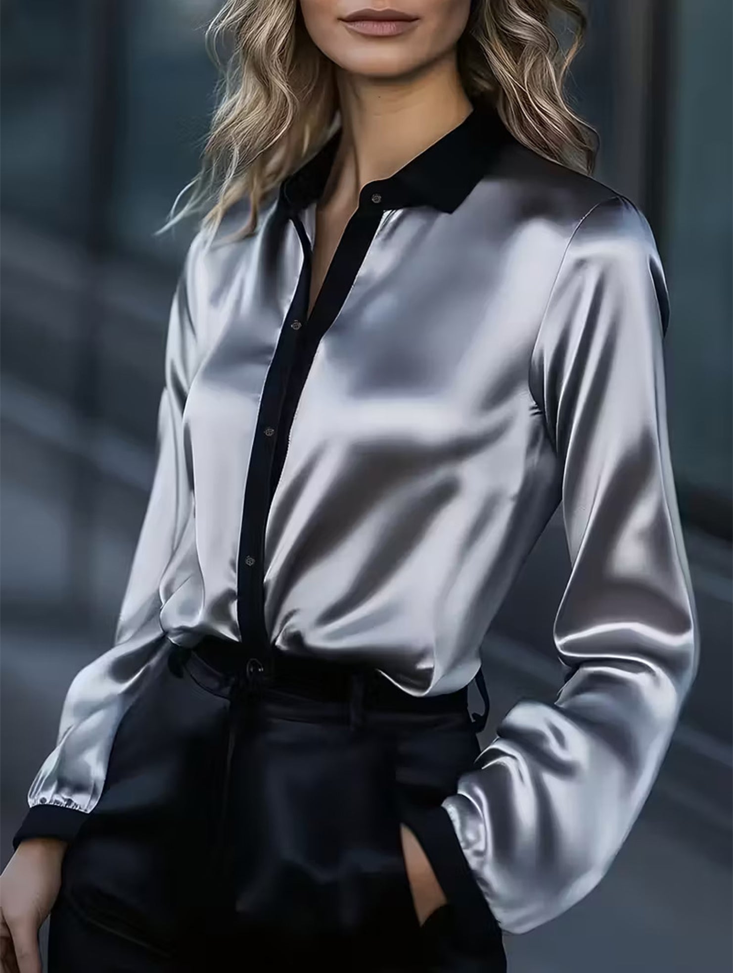 Women's satin color-blocked long-sleeved shirt