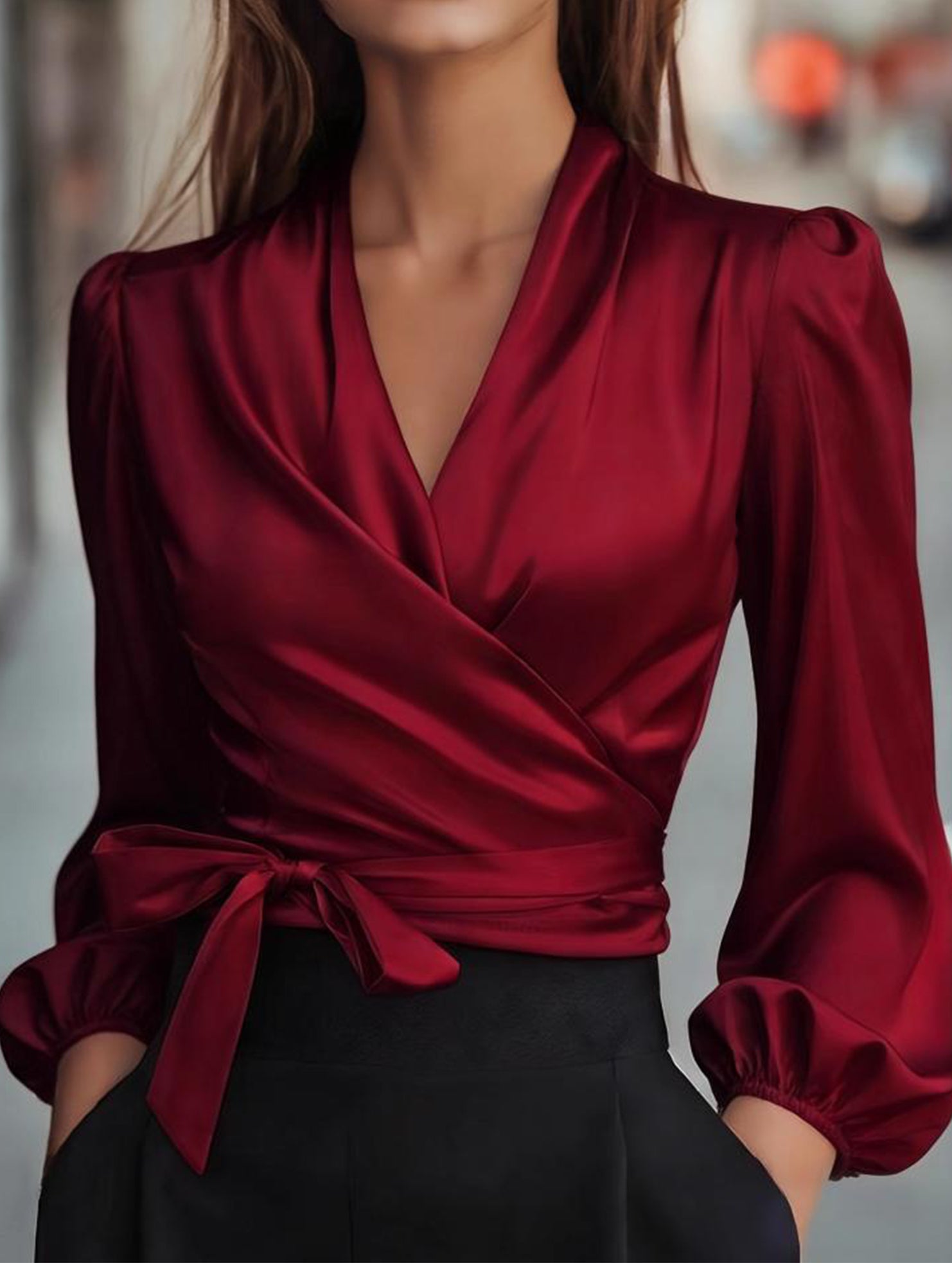 Women's elegant satin tie-waist top