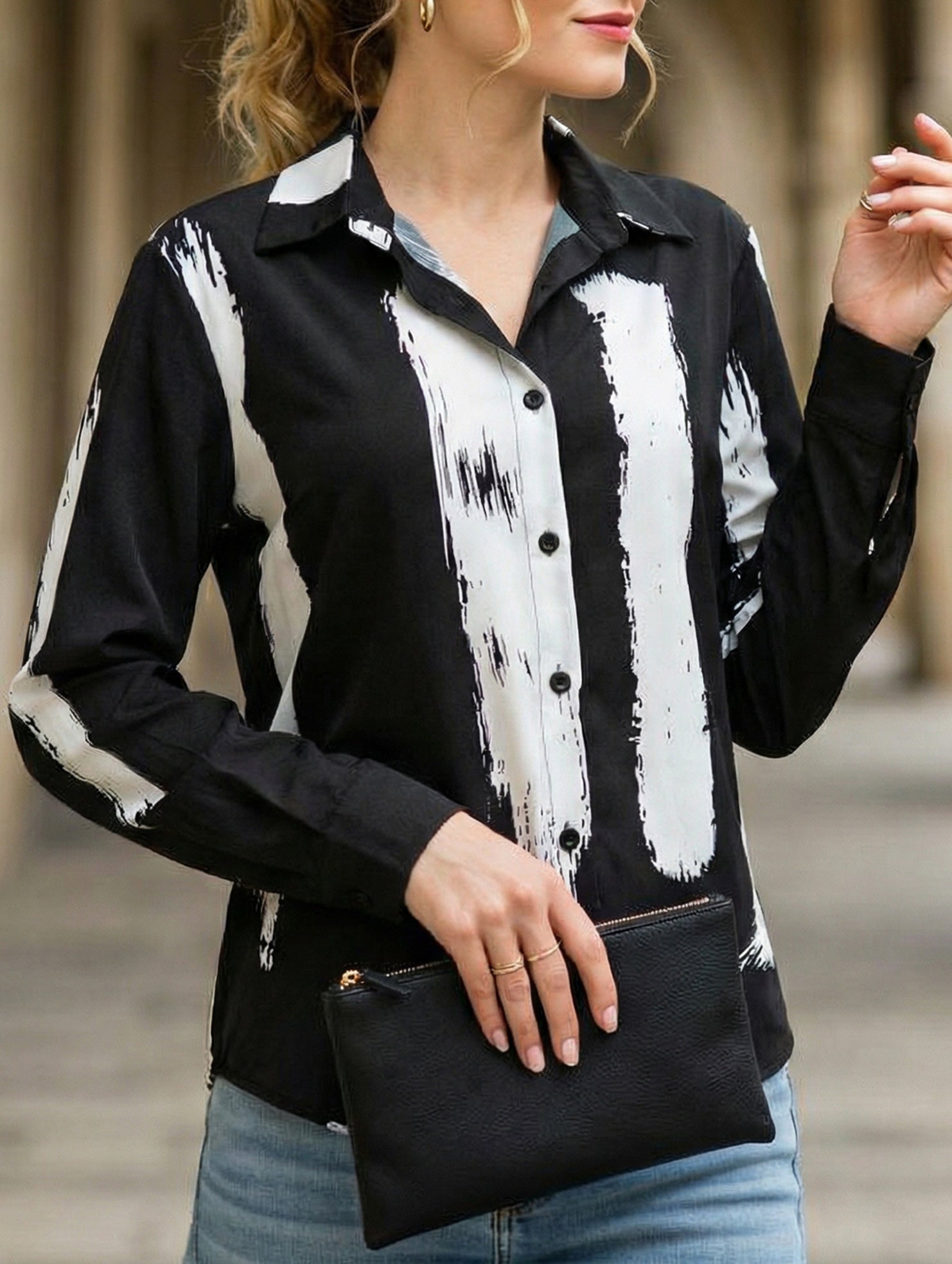 Abstract art print long-sleeved shirt for women