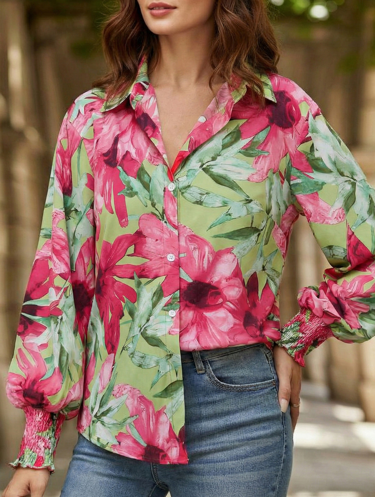 Fashionable printed lantern sleeve blouse for women