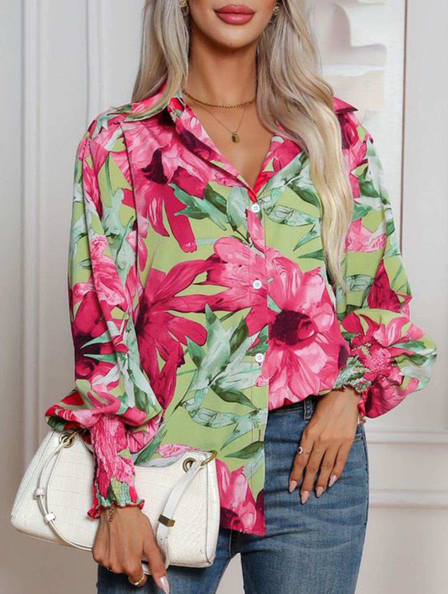 Fashionable printed lantern sleeve blouse for women