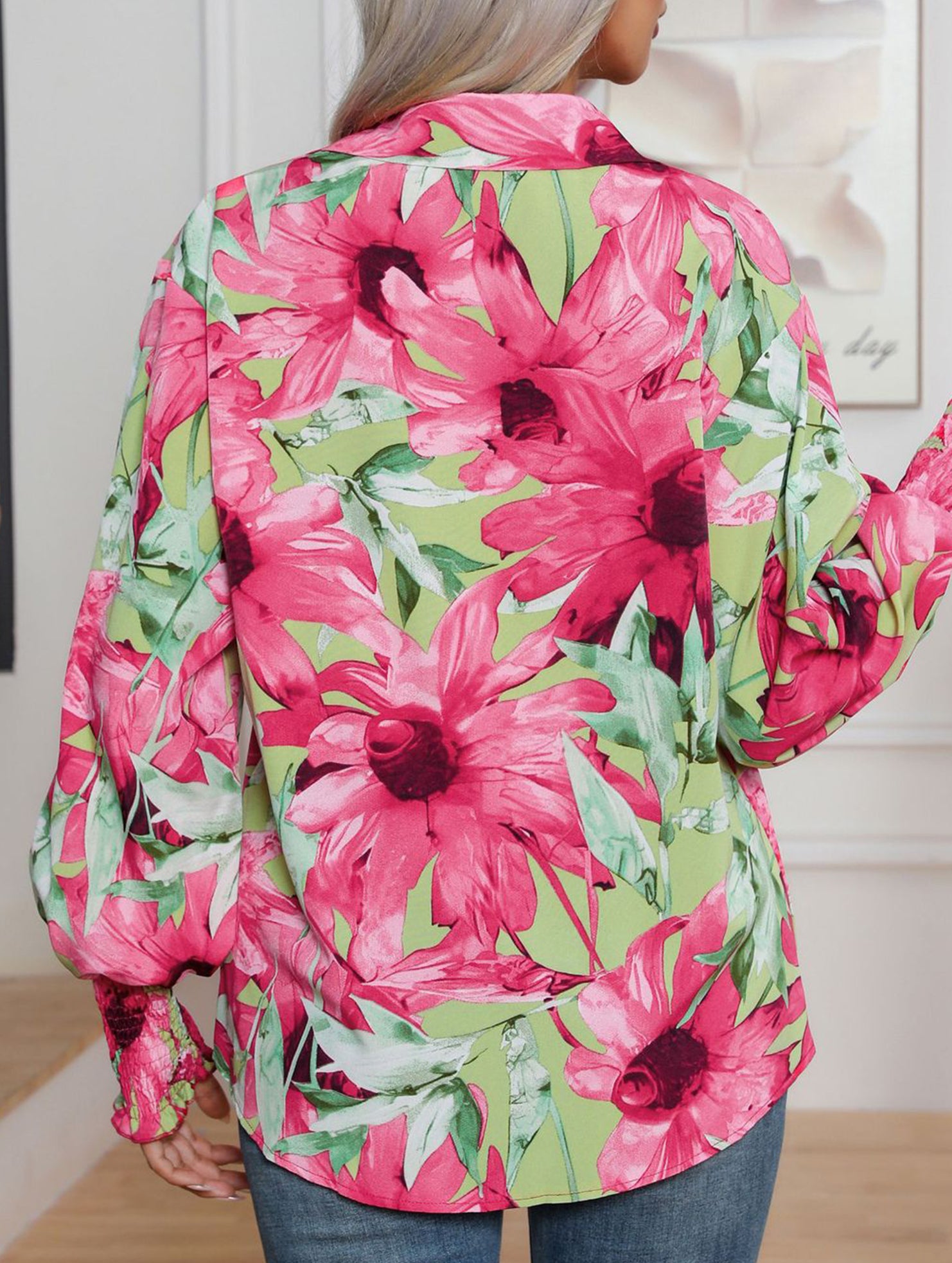 Fashionable printed lantern sleeve blouse for women