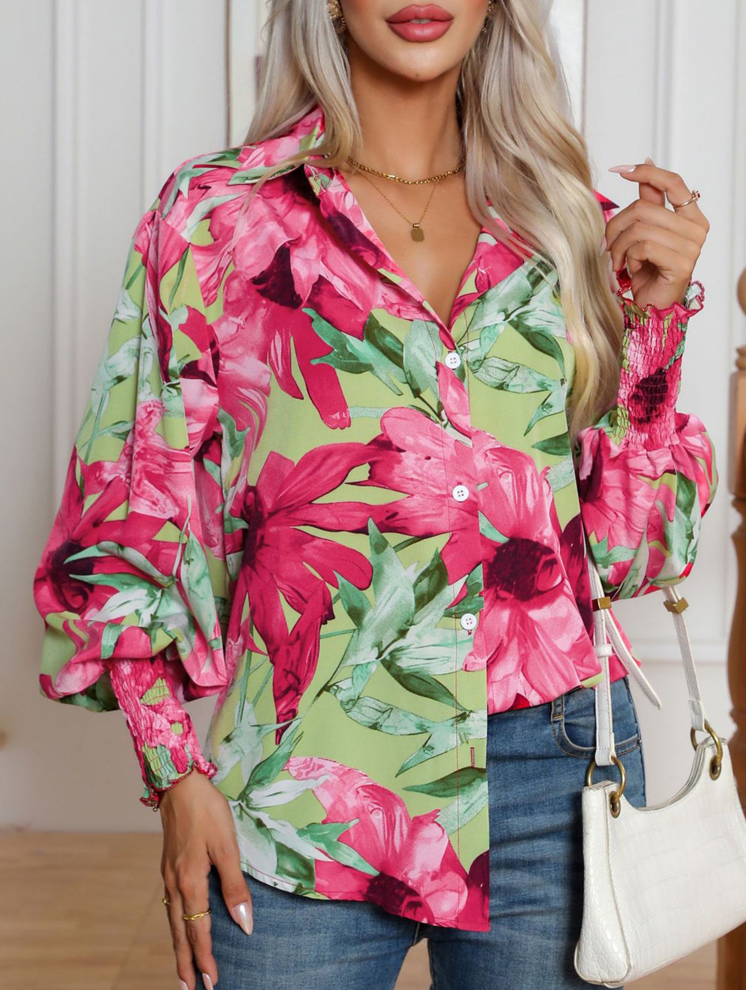 Fashionable printed lantern sleeve blouse for women