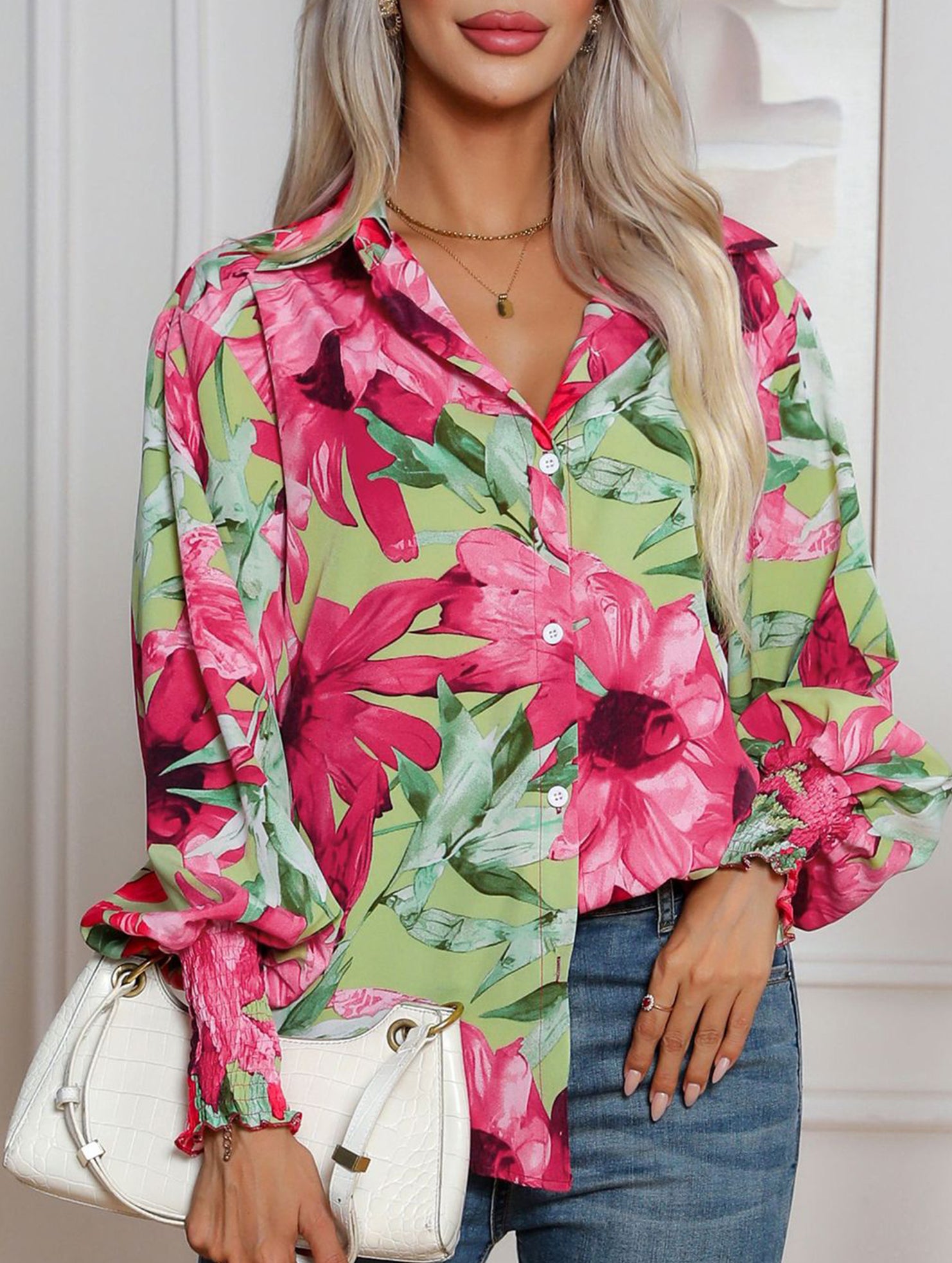 Fashionable printed lantern sleeve blouse for women