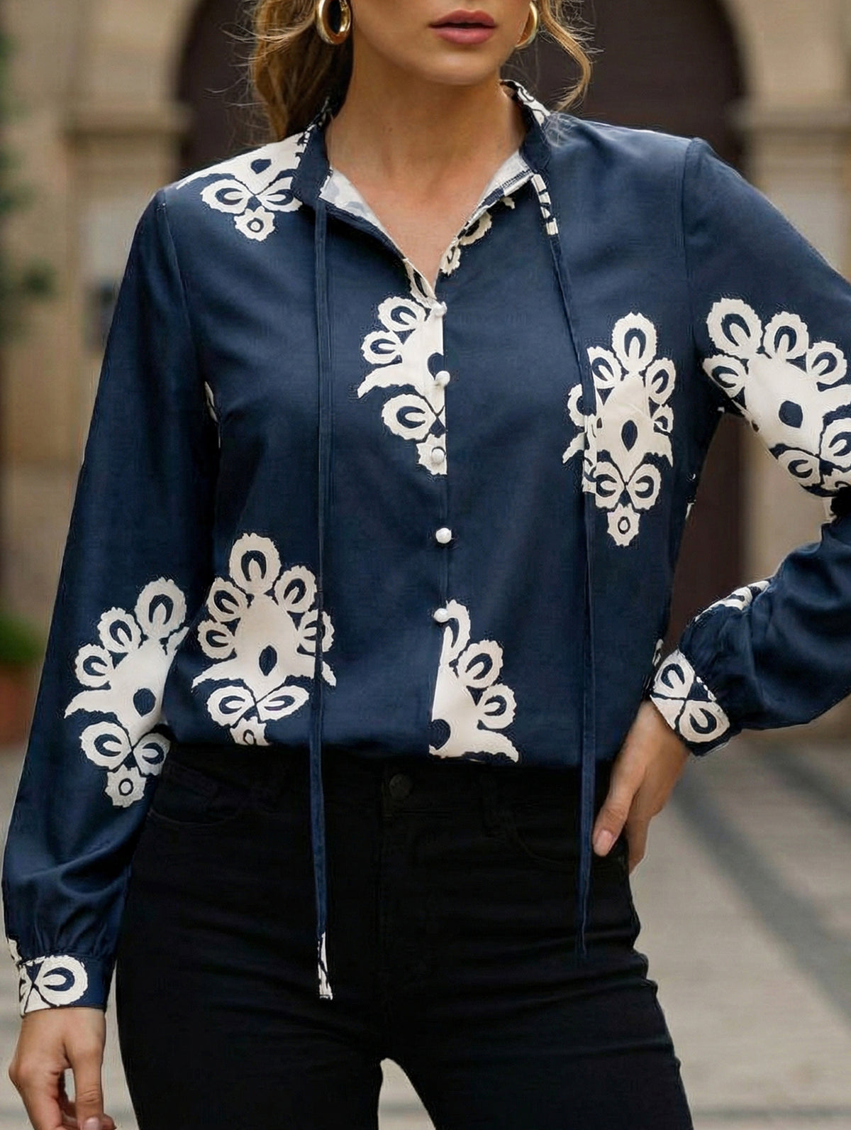 Printed Stand Collar Tie Button Shirt