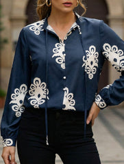 Printed Stand Collar Tie Button Shirt