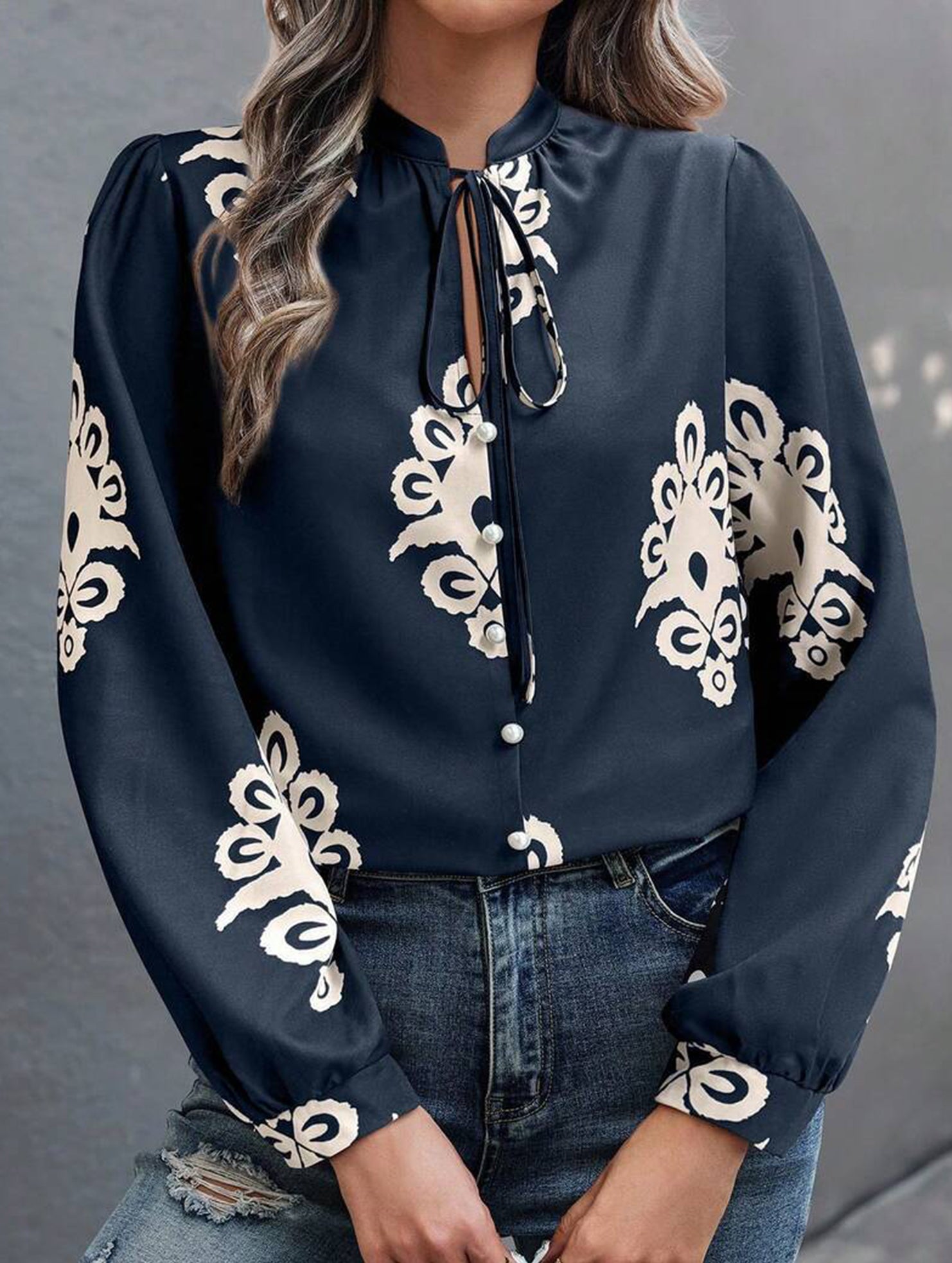 Printed Stand Collar Tie Button Shirt