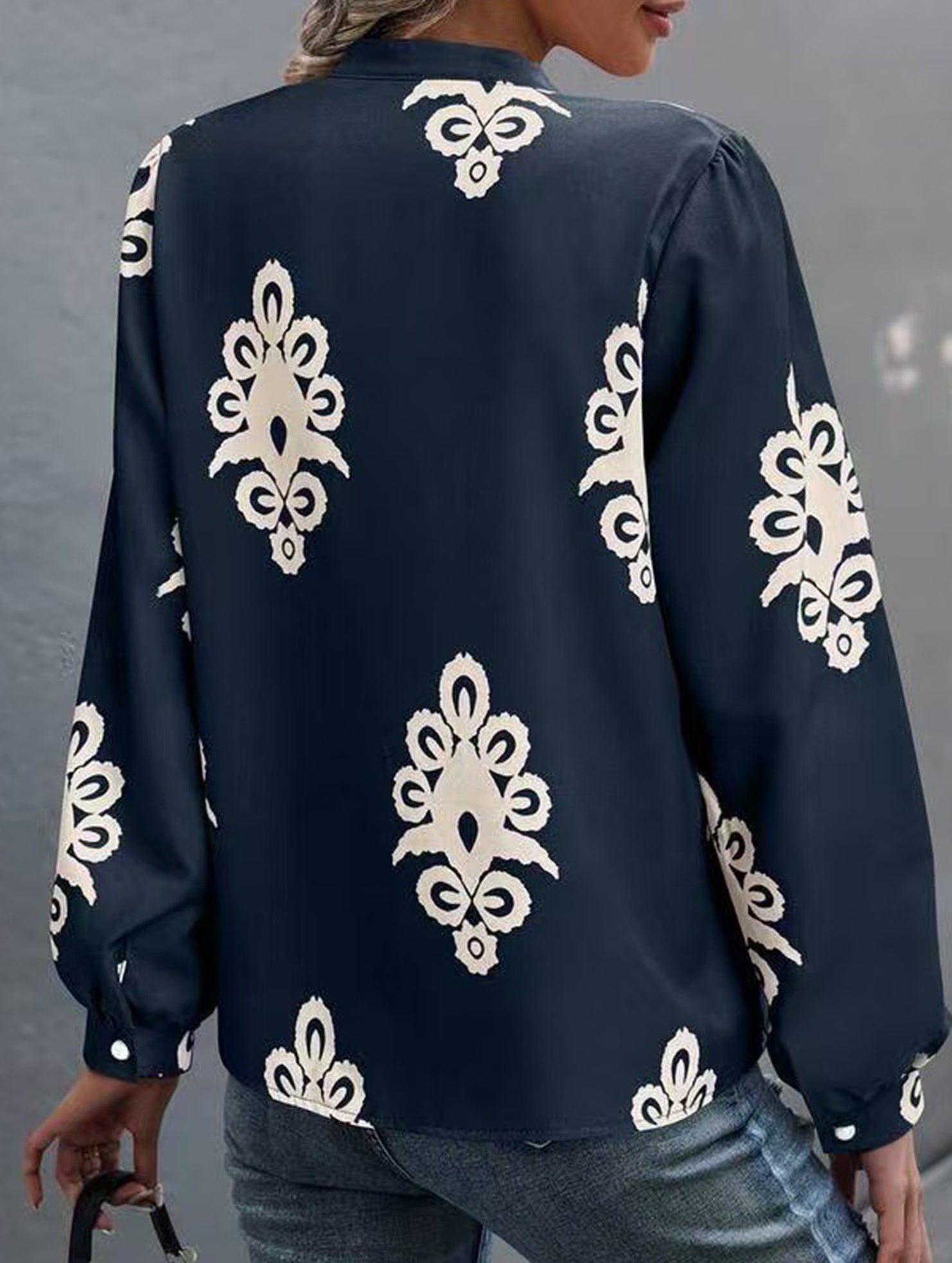 Printed Stand Collar Tie Button Shirt