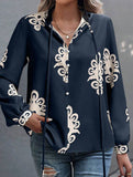 Printed Stand Collar Tie Button Shirt