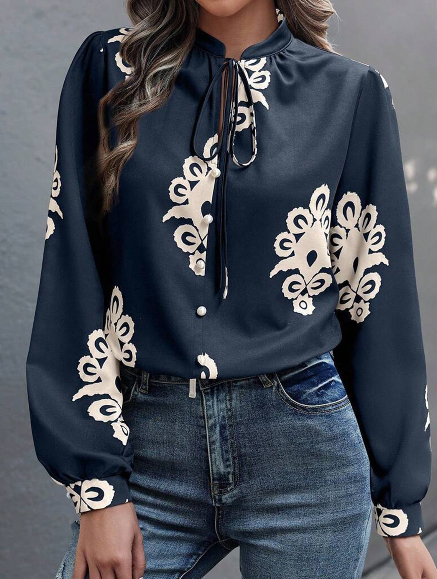 Printed Stand Collar Tie Button Shirt