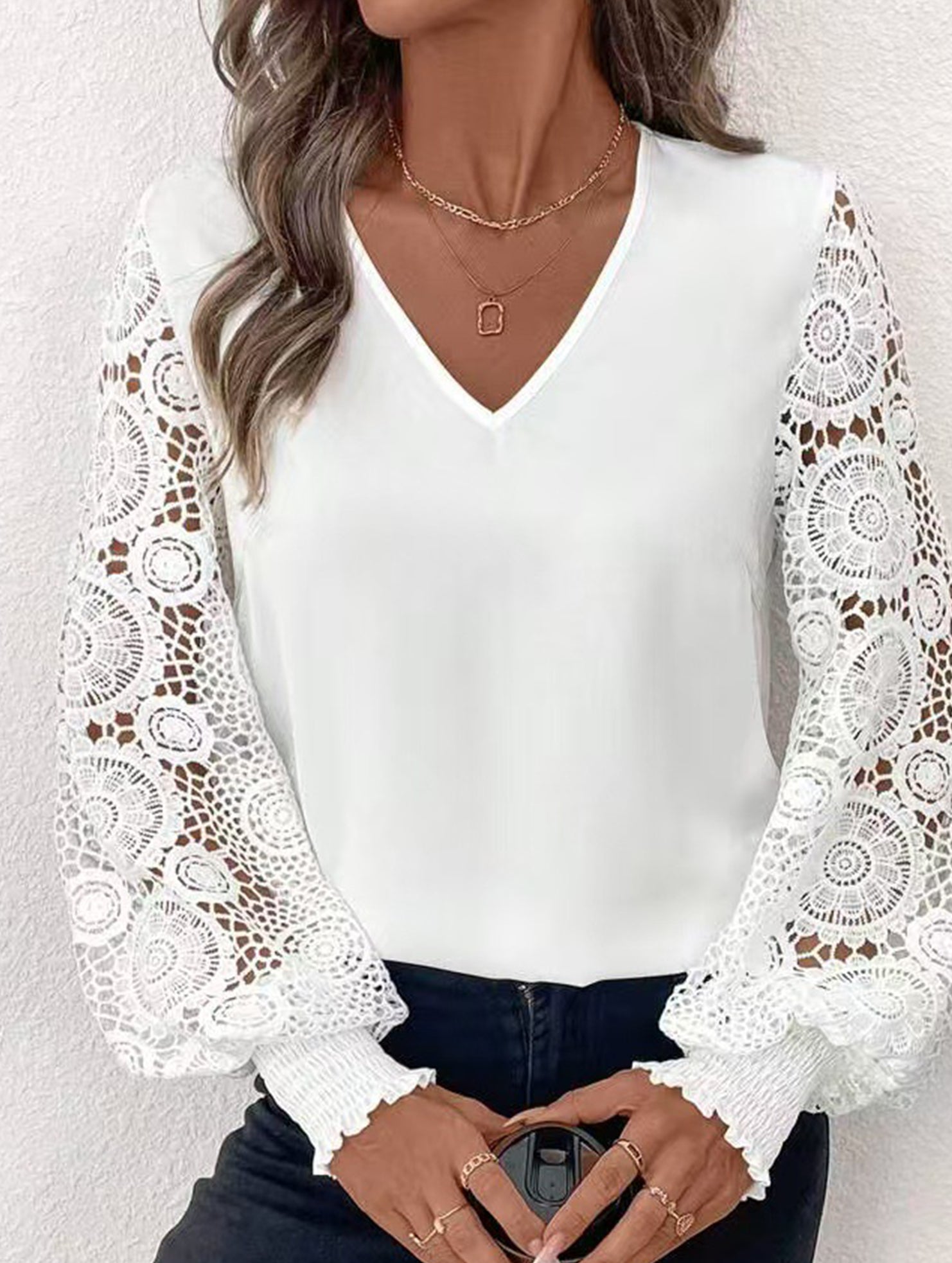 Solid Embroidered V Neck Long Sleeve Shirt