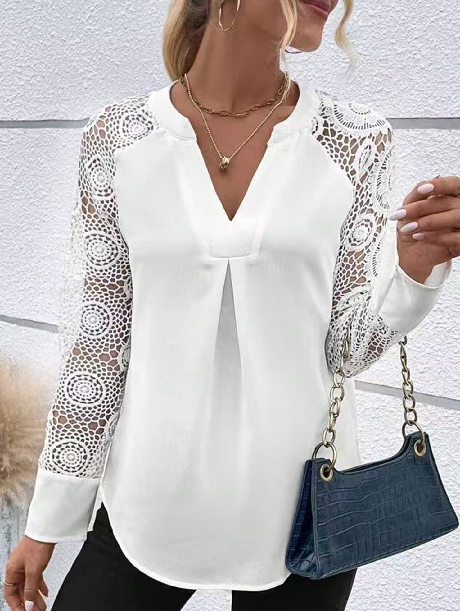 Embroidered Lace Sleeve V Neck Shirt_CWTBLL02326