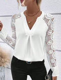 Embroidered Lace Sleeve V Neck Shirt_CWTBLL02326