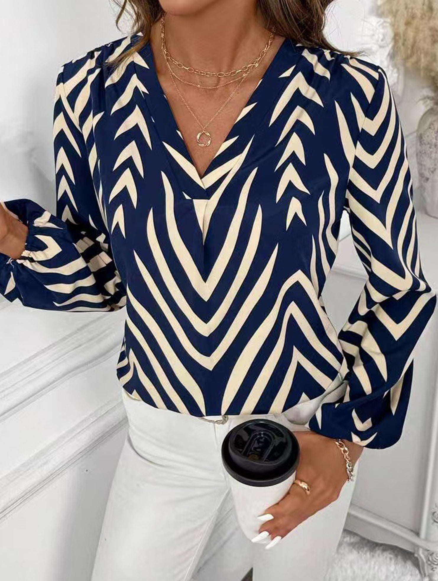 Printed V Neck Long Sleeve Casual Shirt