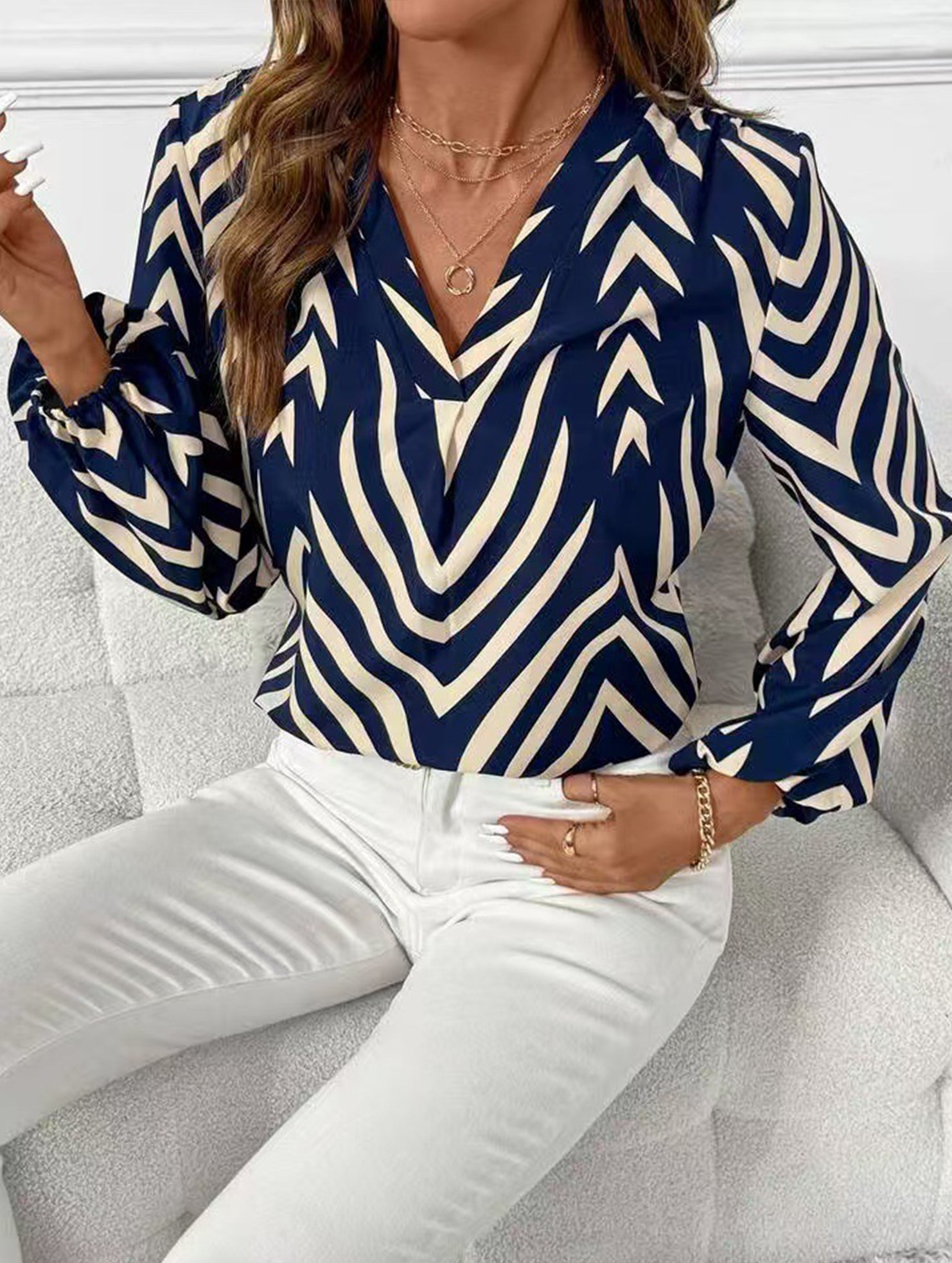 Printed V Neck Long Sleeve Casual Shirt