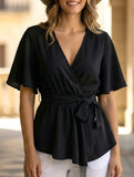 Solid Belted Flare Sleeve Blouse_CWTBLL02328