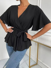 Solid Belted Flare Sleeve Blouse_CWTBLL02328