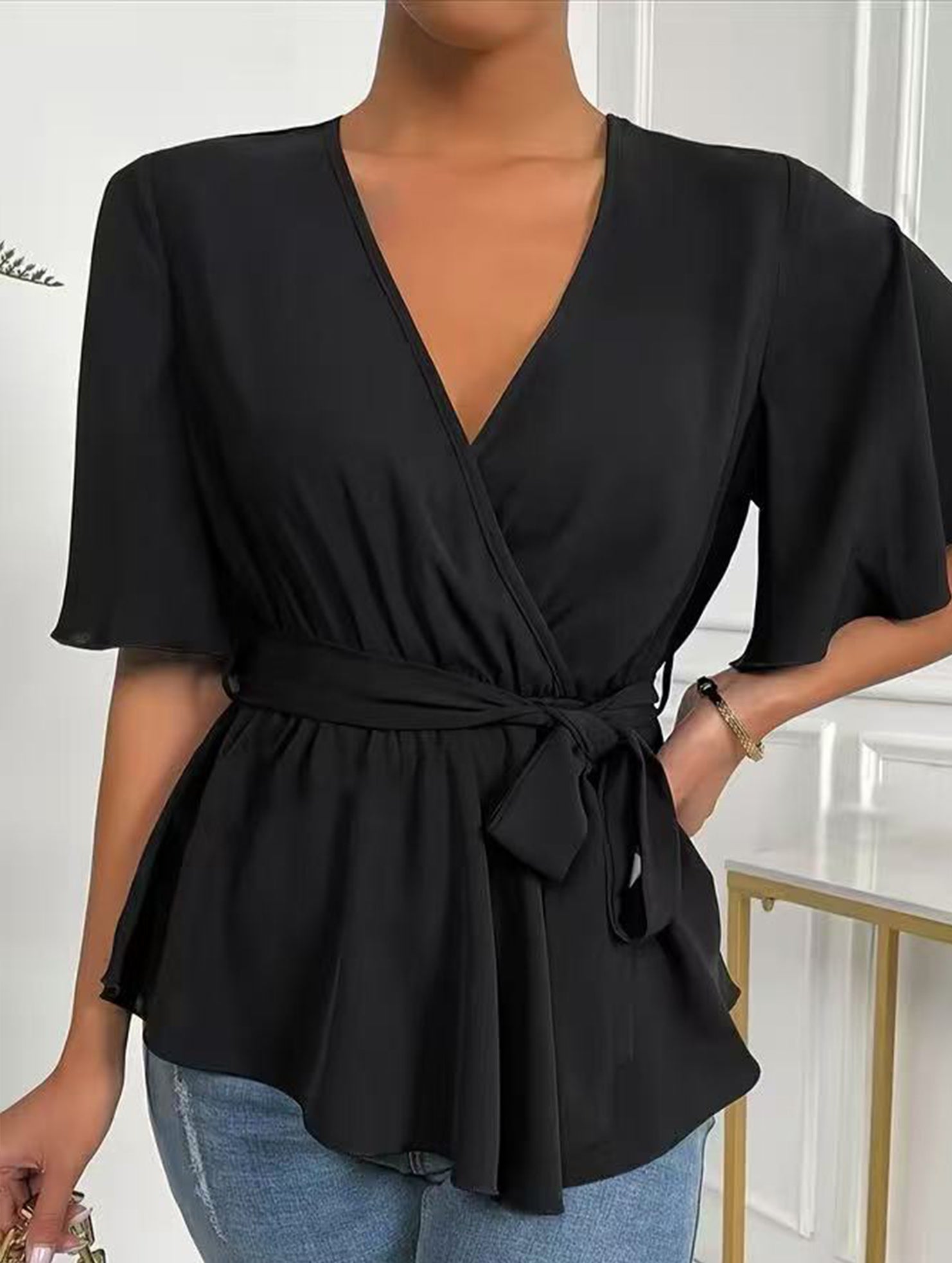 Solid Belted Flare Sleeve Blouse_CWTBLL02328