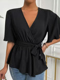 Solid Belted Flare Sleeve Blouse_CWTBLL02328