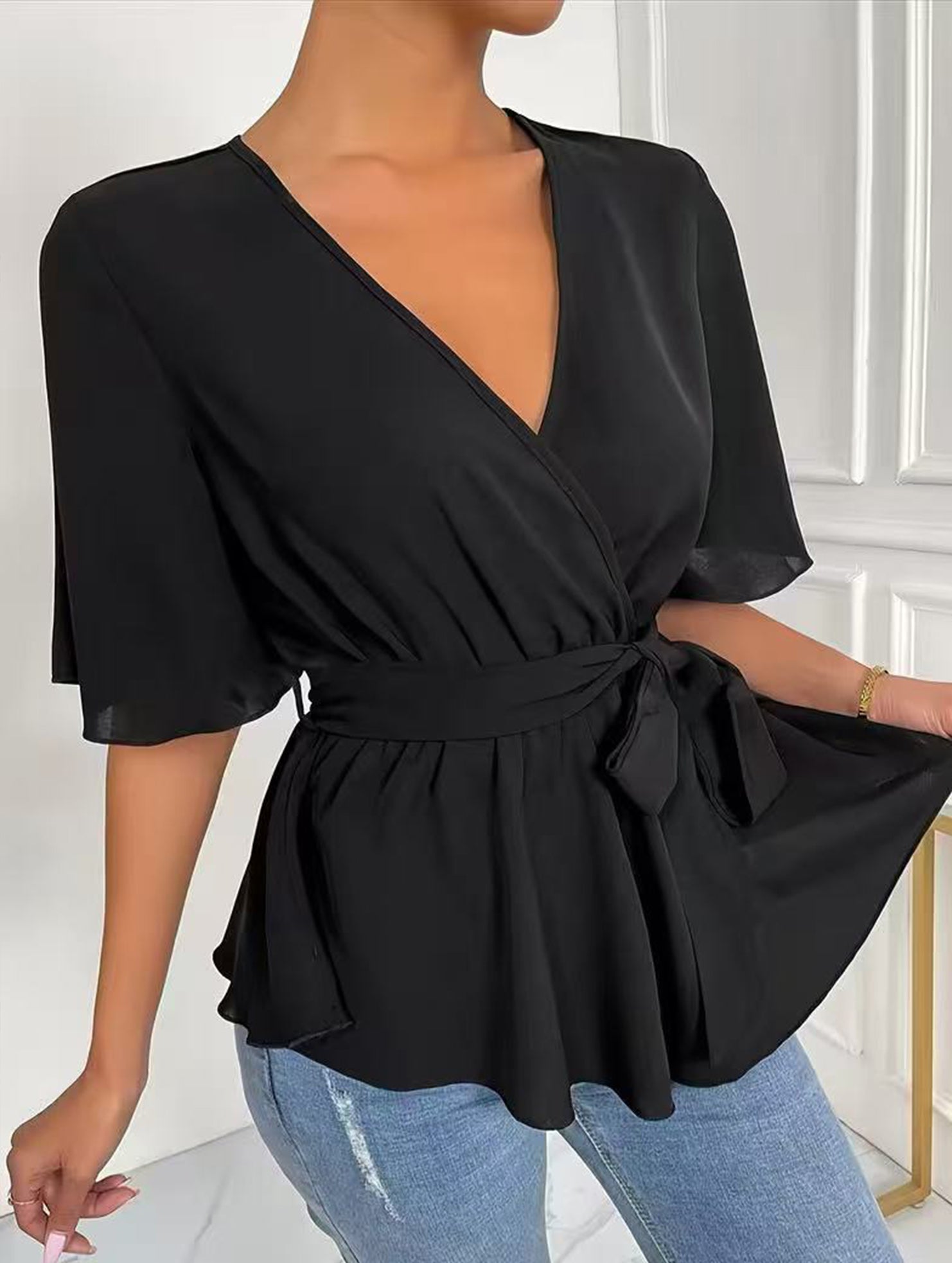 Solid Belted Flare Sleeve Blouse_CWTBLL02328