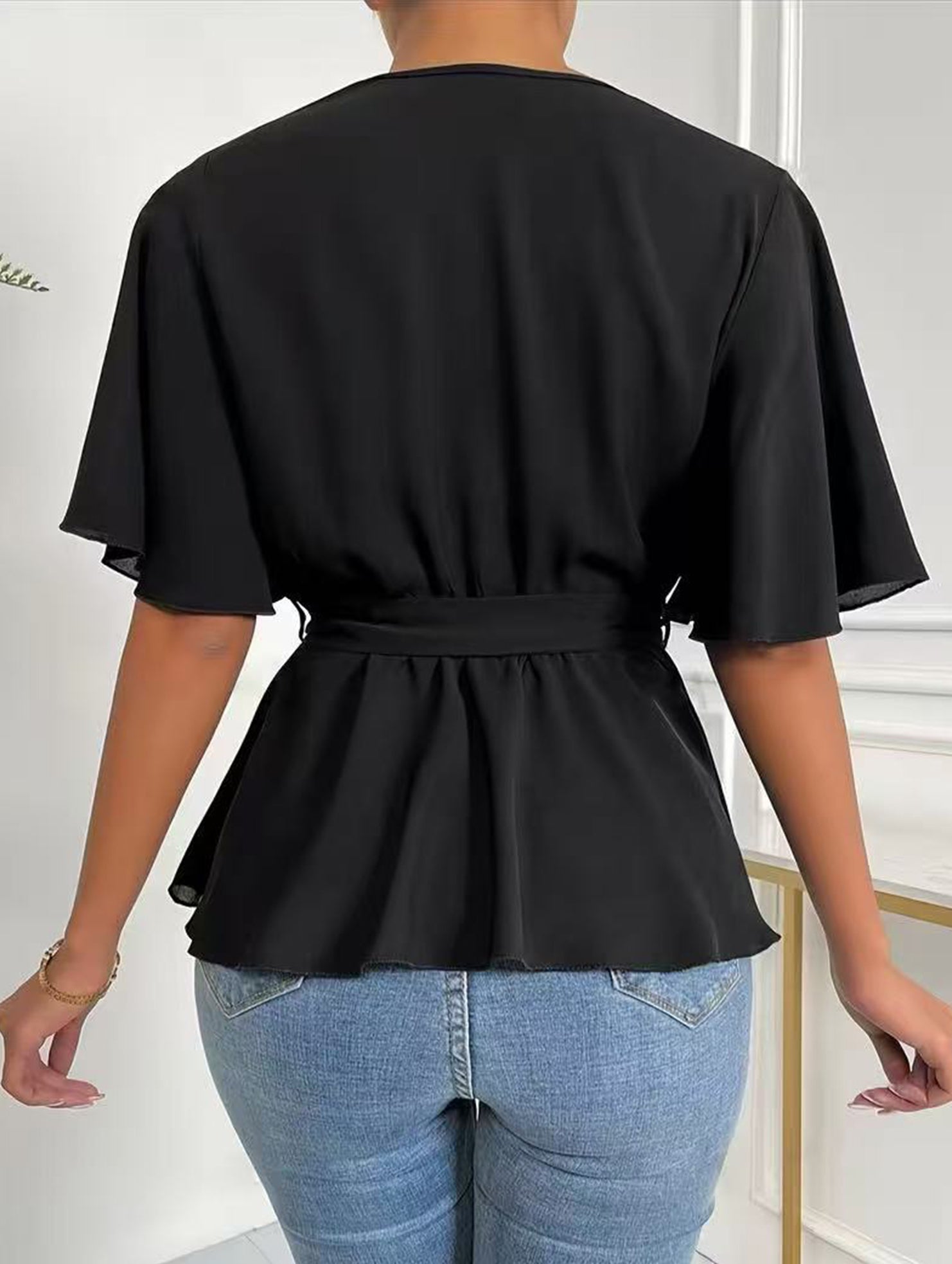 Solid Belted Flare Sleeve Blouse_CWTBLL02328