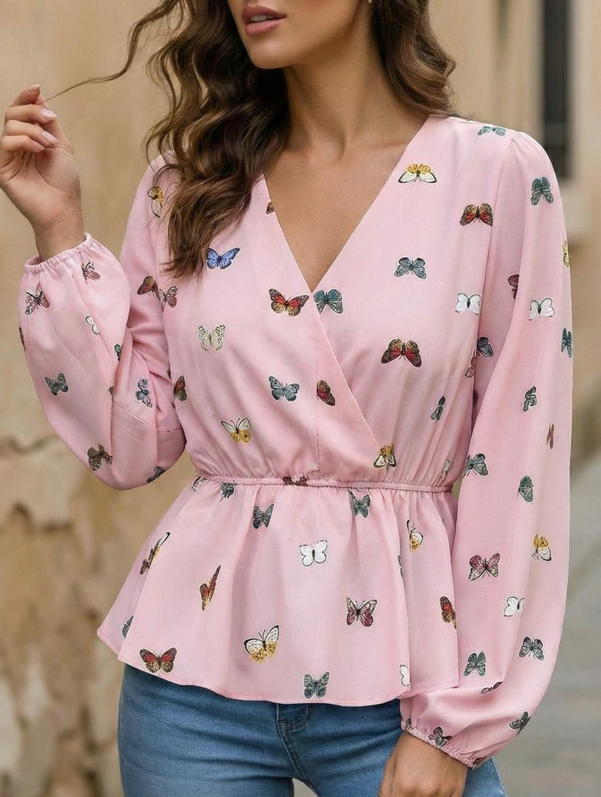 Women's Butterfly Print Lantern Sleeve Chiffon Blouse_CWTBLL02341