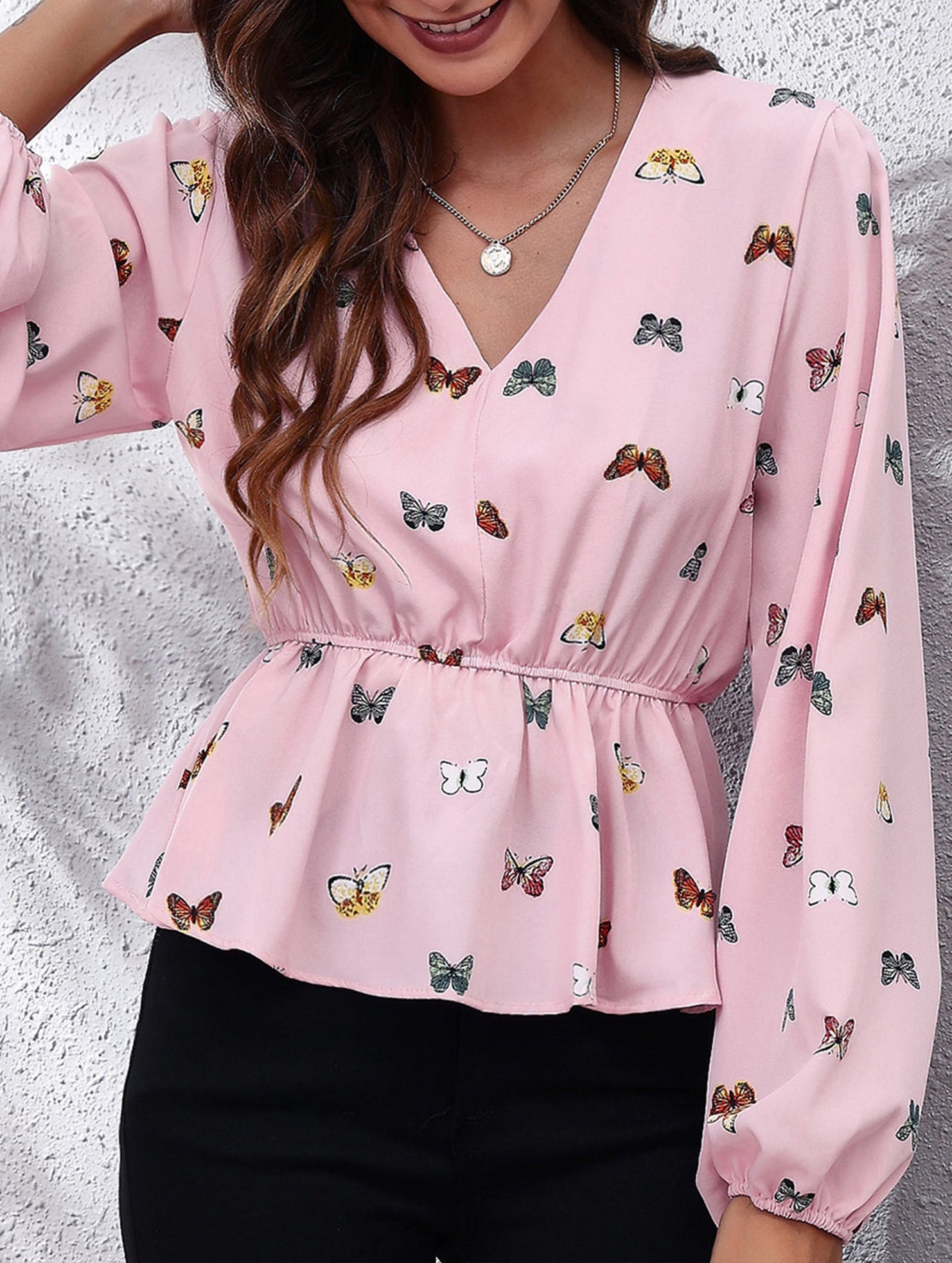 Women's Butterfly Print Lantern Sleeve Chiffon Blouse_CWTBLL02341