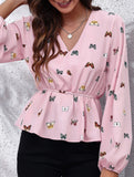 Women's Butterfly Print Lantern Sleeve Chiffon Blouse_CWTBLL02341