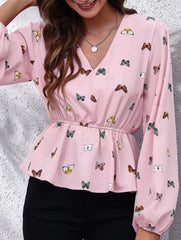 Women's Butterfly Print Lantern Sleeve Chiffon Blouse_CWTBLL02341