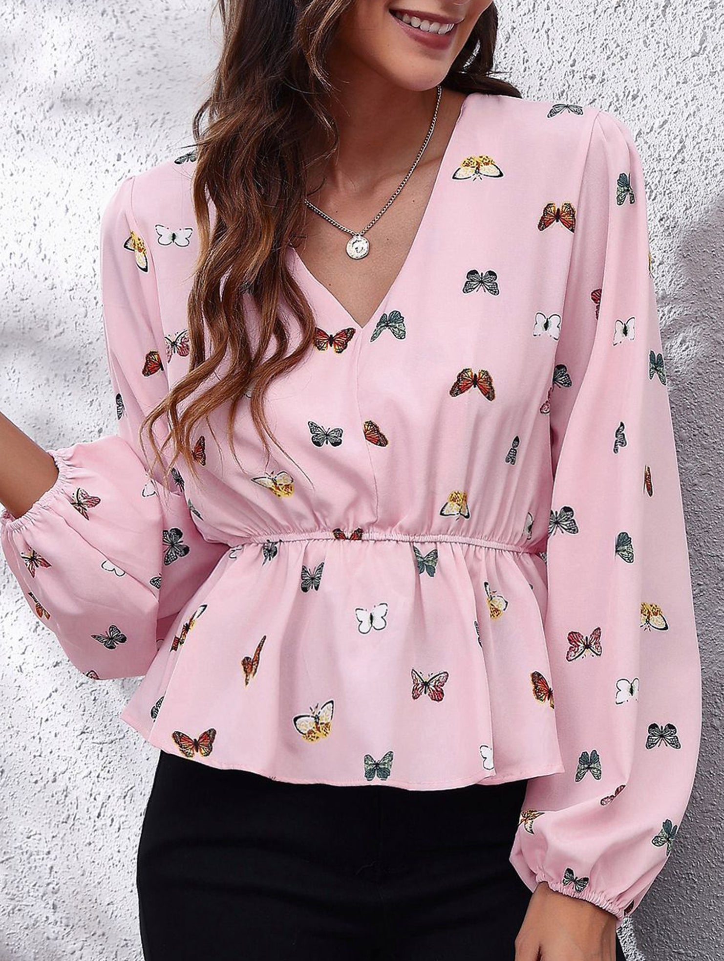 Women's Butterfly Print Lantern Sleeve Chiffon Blouse_CWTBLL02341