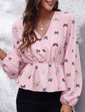 Women's Butterfly Print Lantern Sleeve Chiffon Blouse_CWTBLL02341