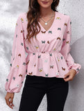 Women's Butterfly Print Lantern Sleeve Chiffon Blouse_CWTBLL02341