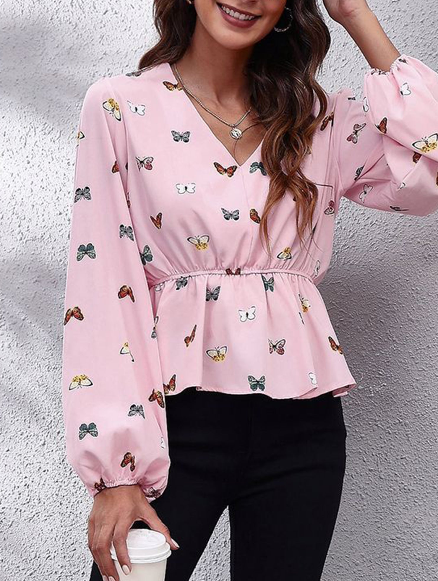 Women's Butterfly Print Lantern Sleeve Chiffon Blouse_CWTBLL02341
