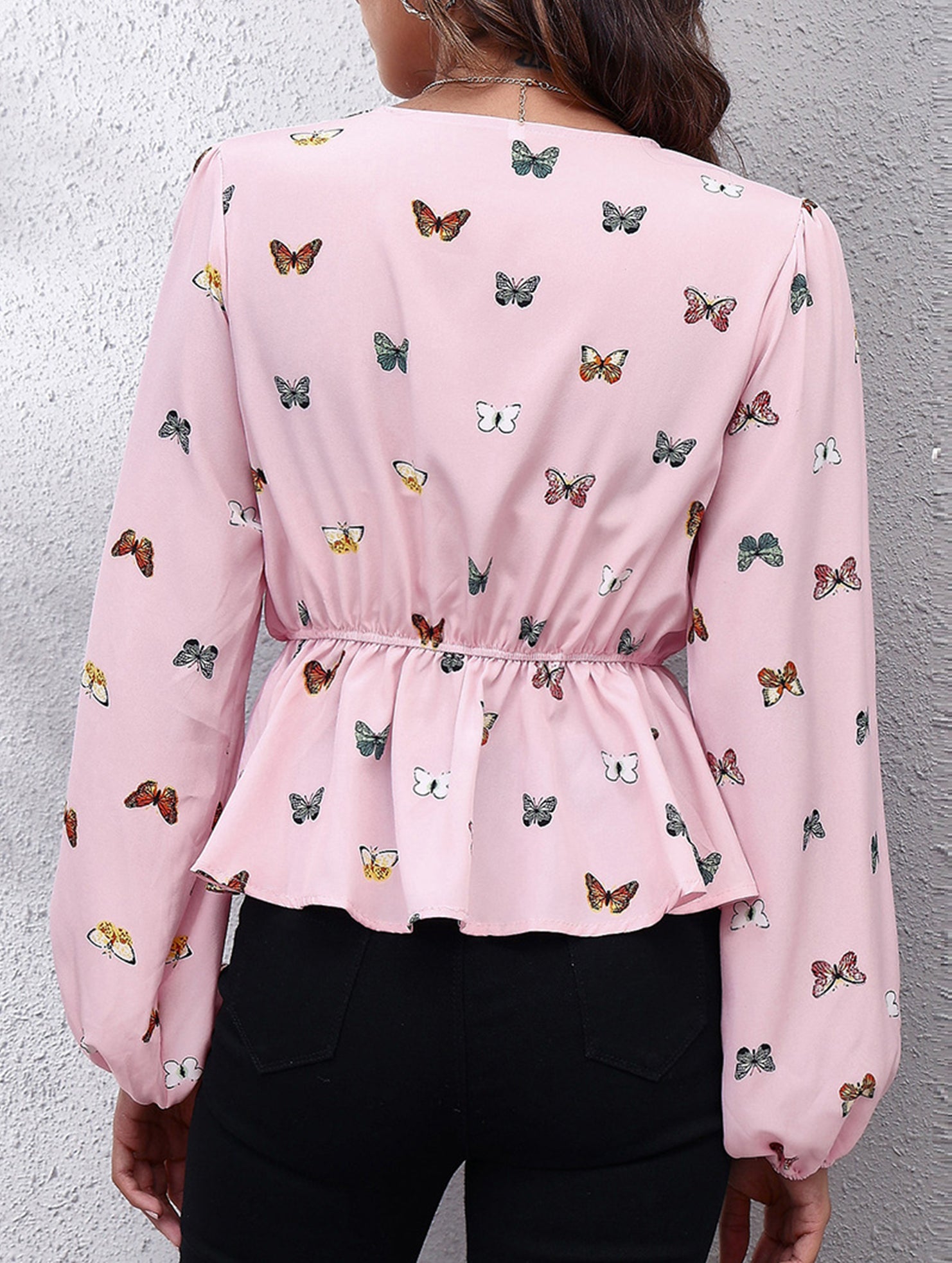 Women's Butterfly Print Lantern Sleeve Chiffon Blouse_CWTBLL02341