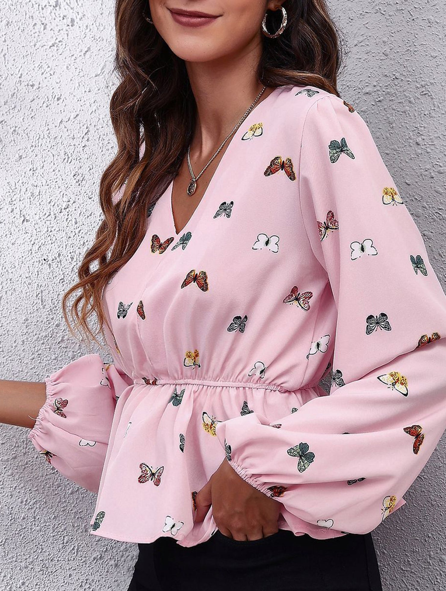 Women's Butterfly Print Lantern Sleeve Chiffon Blouse_CWTBLL02341