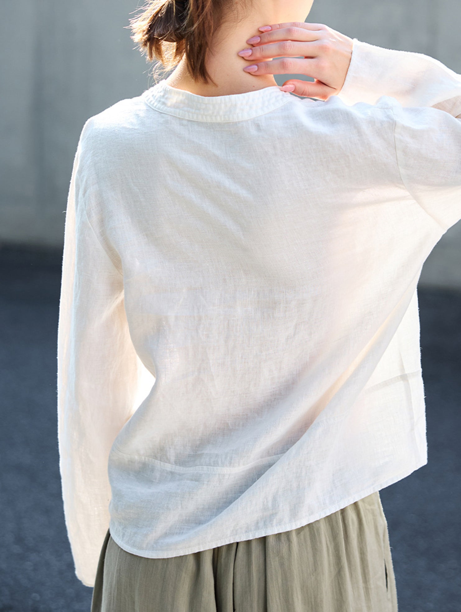 Pure Linen V Neck Long Sleeve Work Tee_CWTBLL02353
