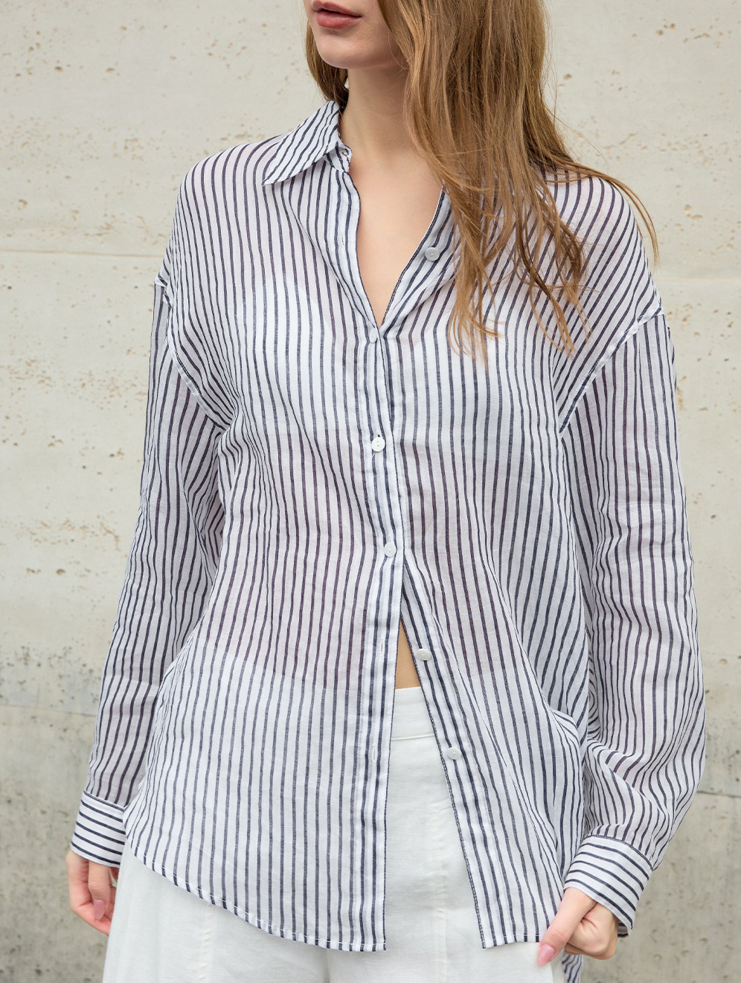 100% Ramie Striped Lightweight Shirt_CWTBLL02354