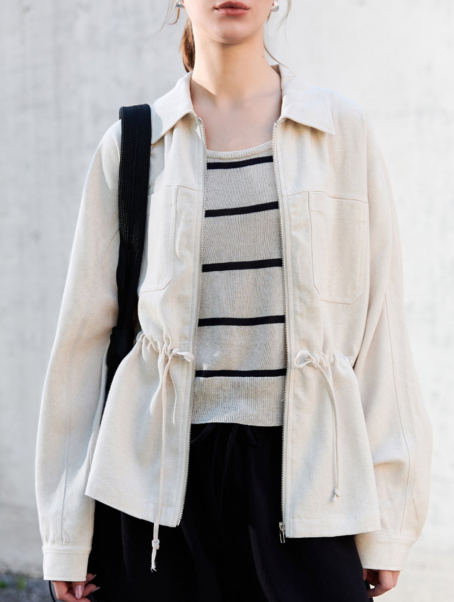 Tencel Linen Waist Drawstring Utility Jacket_CWTBLL02355