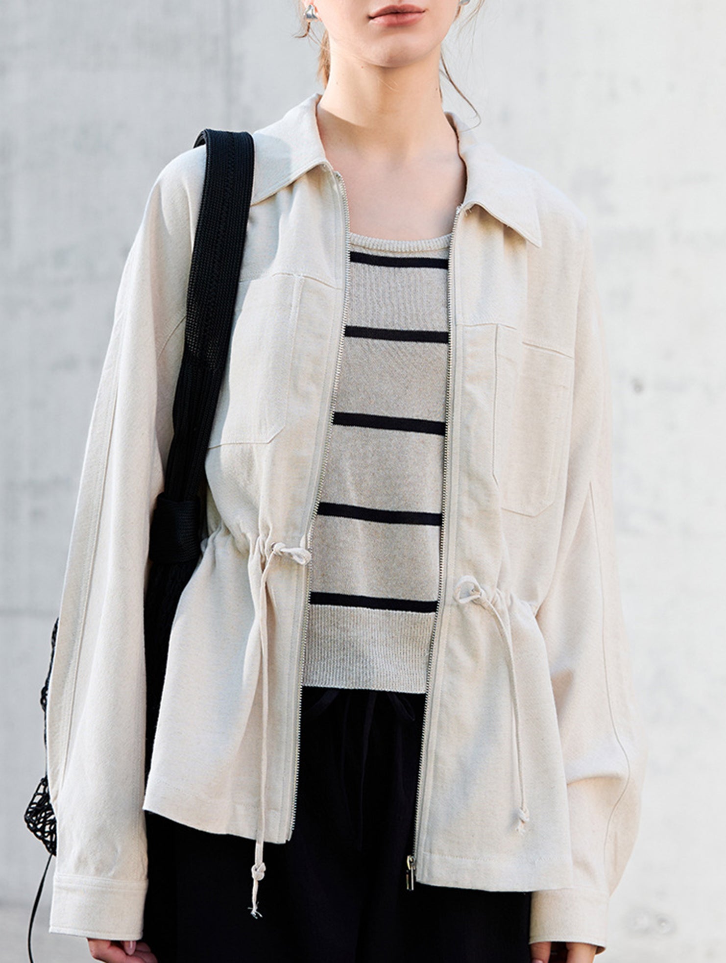 Tencel Linen Waist Drawstring Utility Jacket_CWTBLL02355